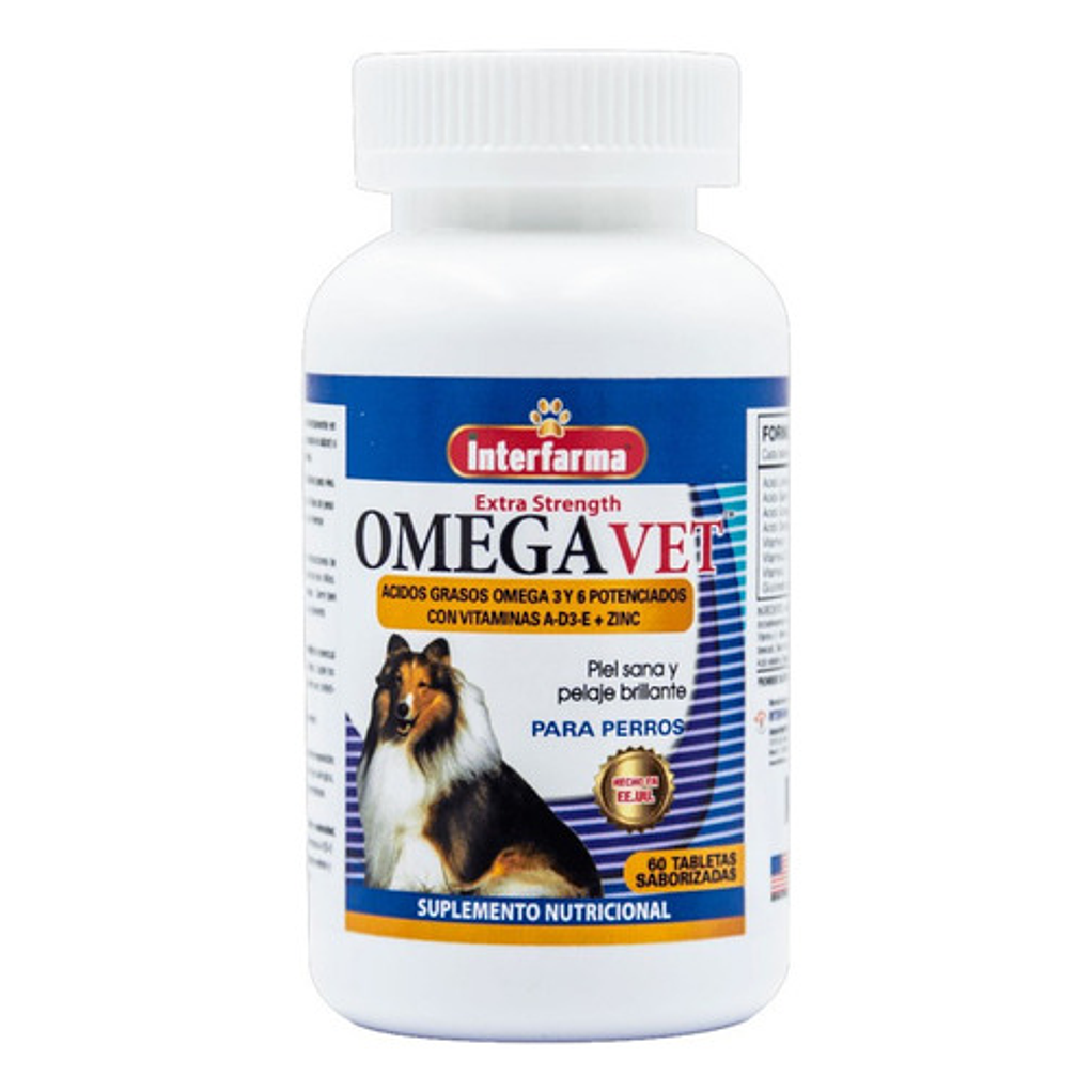 Suplemento Omegavet Interfarma de 60 comprimidos para mascotas, con ingredientes nutritivos para la salud animal.