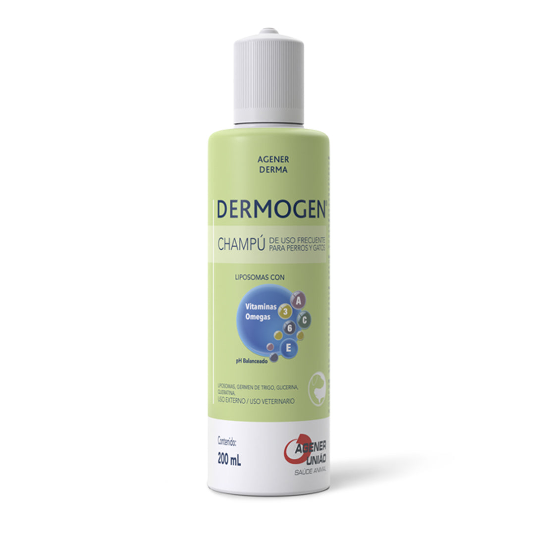 Champú Dermogen hipoalergénico para perros en botella de 200 ml, higiene y cuidado para mascotas.