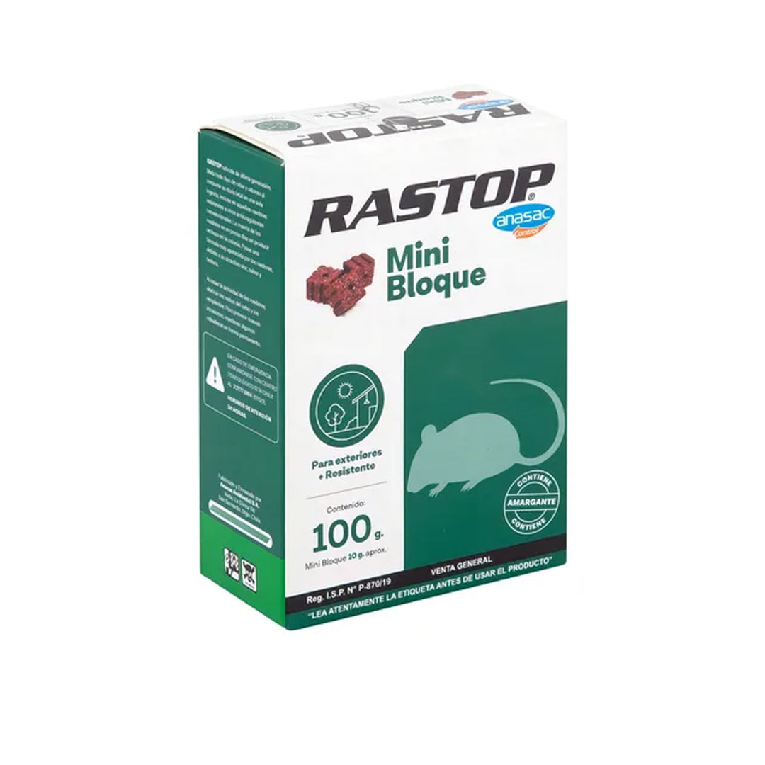 Veneno Rastop Anasac Bromadiolona para roedores, antiparasitario y control de plagas en presentación de 100g.