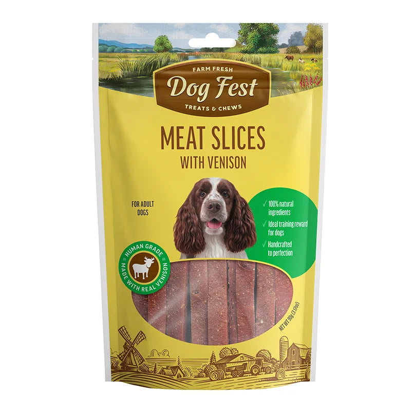 Rebanadas de venado Dog Fest, snack para perros de 90 g, con carne de venado natural y saludable para mascotas.