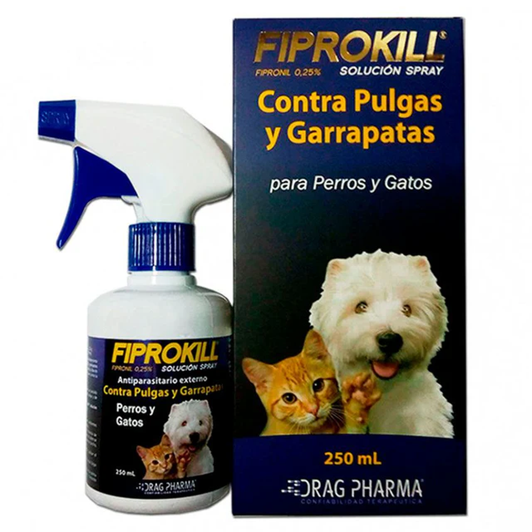 Spray Fiprokill de 250ml para perros y gatos, antiparasitario externo contra pulgas y garrapatas, control efectivo.
