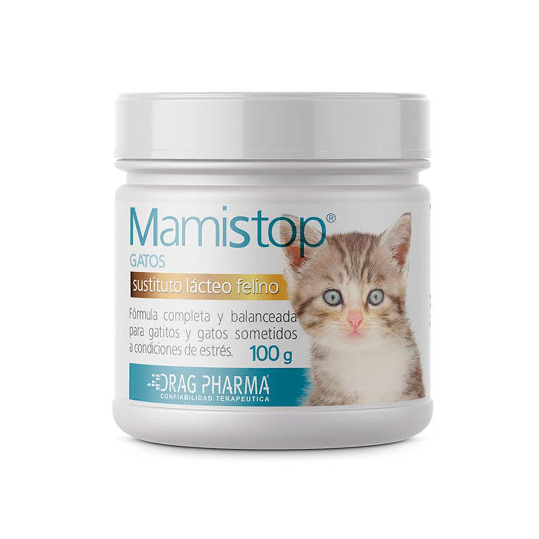 Leche para gatos Mamistop, suplemento lácteo felino en envase de 100 g, ideal para la alimentación de felinos.