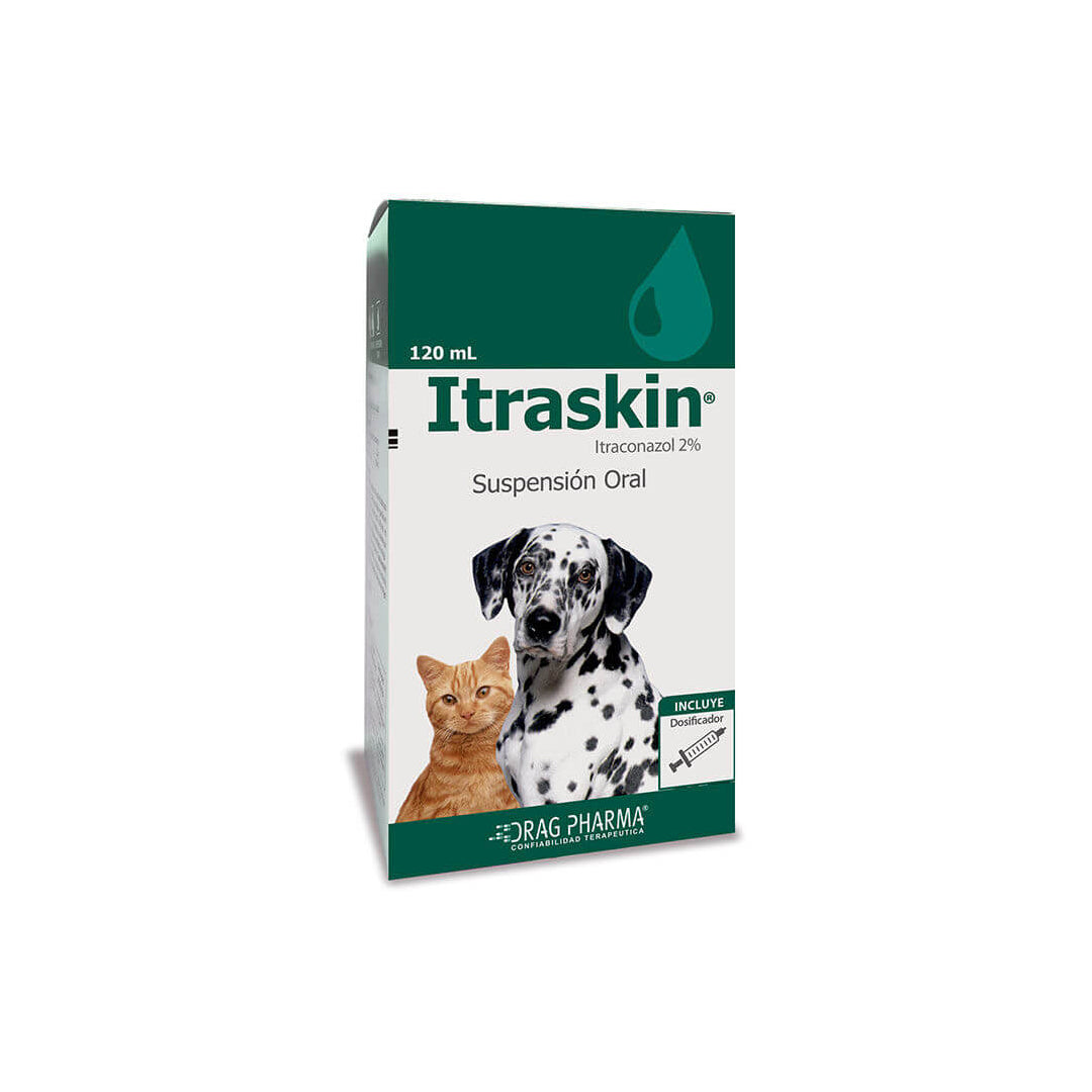 Medicamentos Itraskin de 120 ml de ventas pet, frasco con etiqueta y tapa, para cuidado de la piel de mascotas.