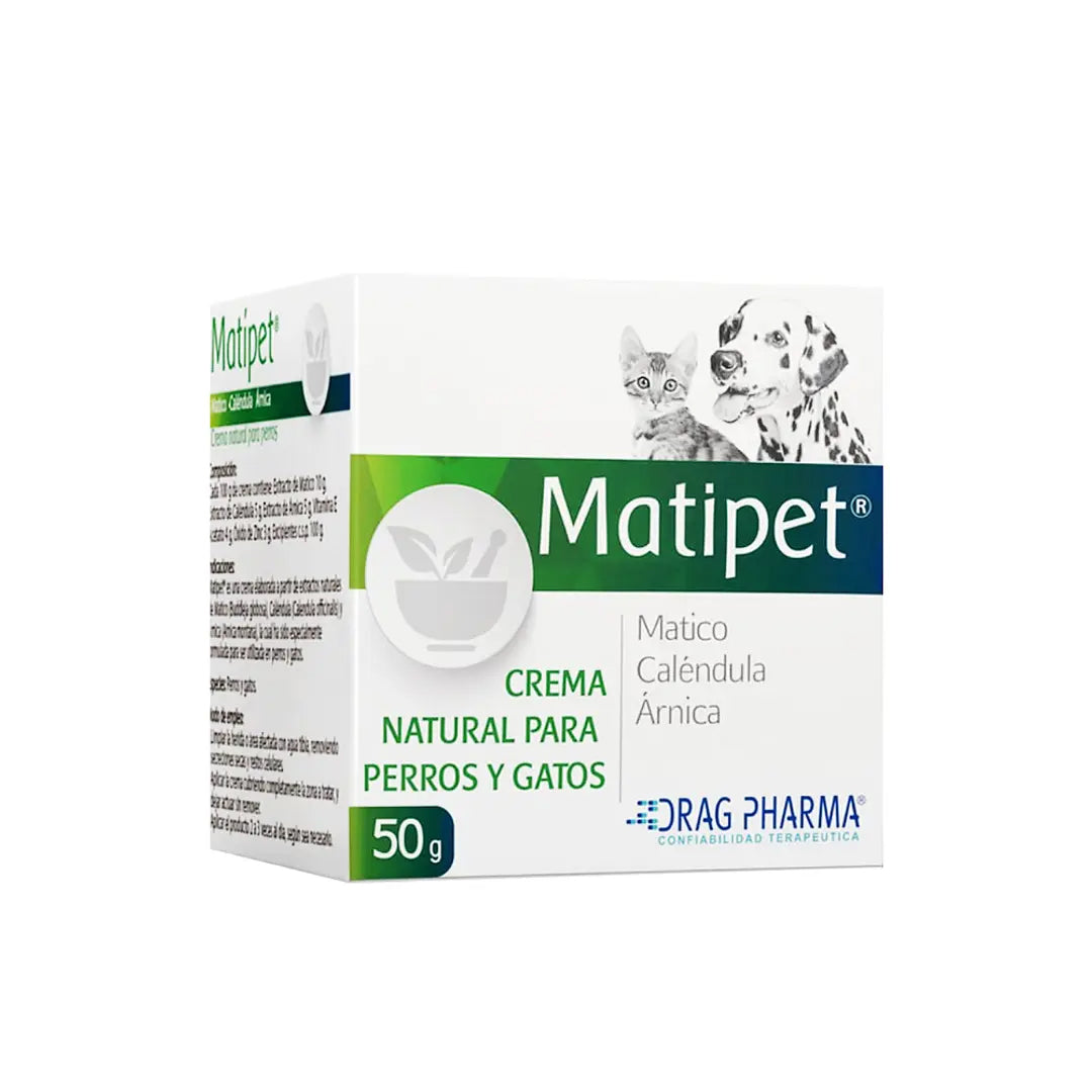 Crema Matipet de matico para perros y gatos, 50 g, en envase blanco y verde, para higiene y cuidado de mascotas.