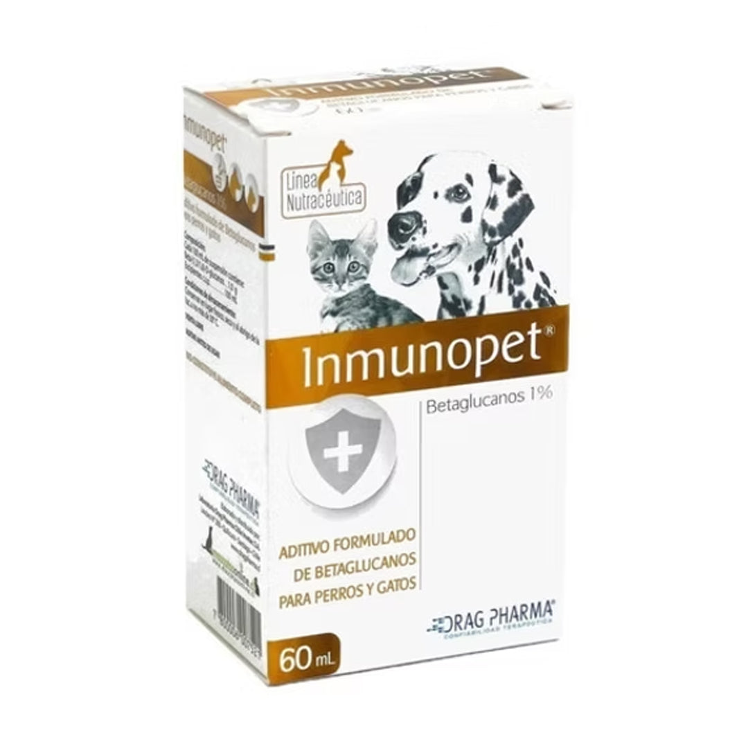 Suplemento Inmunopet para perros y gatos en envase de venta pet, vitaminas y apoyo inmunológico para mascotas.