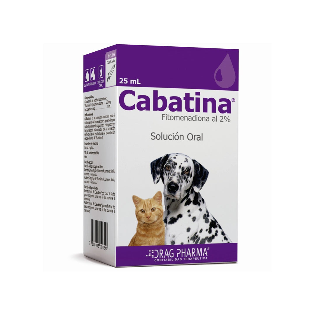 Solución oral Cabatina de 25ml de la marca Ventas Pet, medicamento para mascotas en envase con tapa.