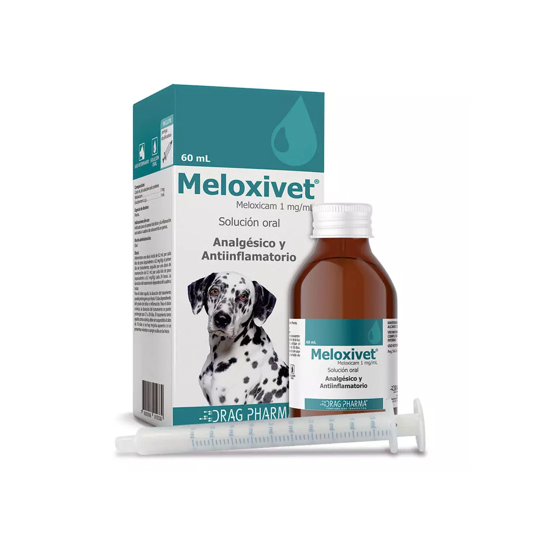 Medicamento Meloxivet de 60 ml para perros y gatos, frasco de venta pet, tratamiento antiinflamatorio y analgésico.