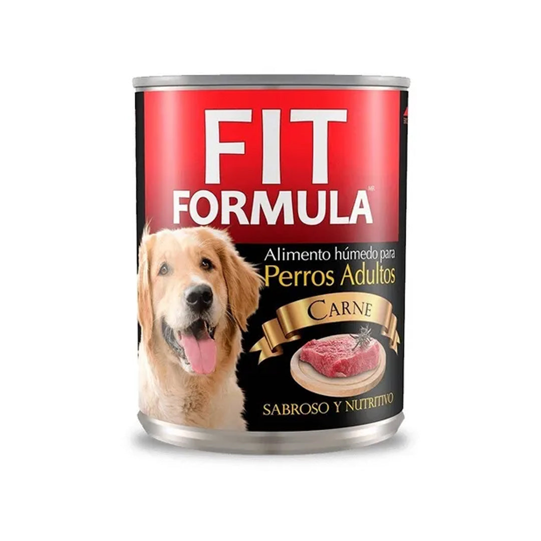 Alimento húmedo para perros cachorros Fit Formula sabor carne en lata de 280g, con ingredientes nutritivos para su desarrollo.
