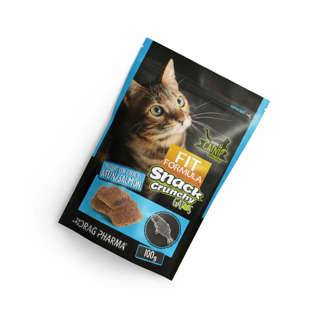 Galletas con catnip para gatos de venta pet, sabor atún y salmón, paquete de 100g, alimento y snack para felinos.