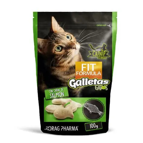 Galleta Fit Snack para gatos sabor salmón de 100 g, alimento y snack de la marca Fit Formula, con galleta en empaque.