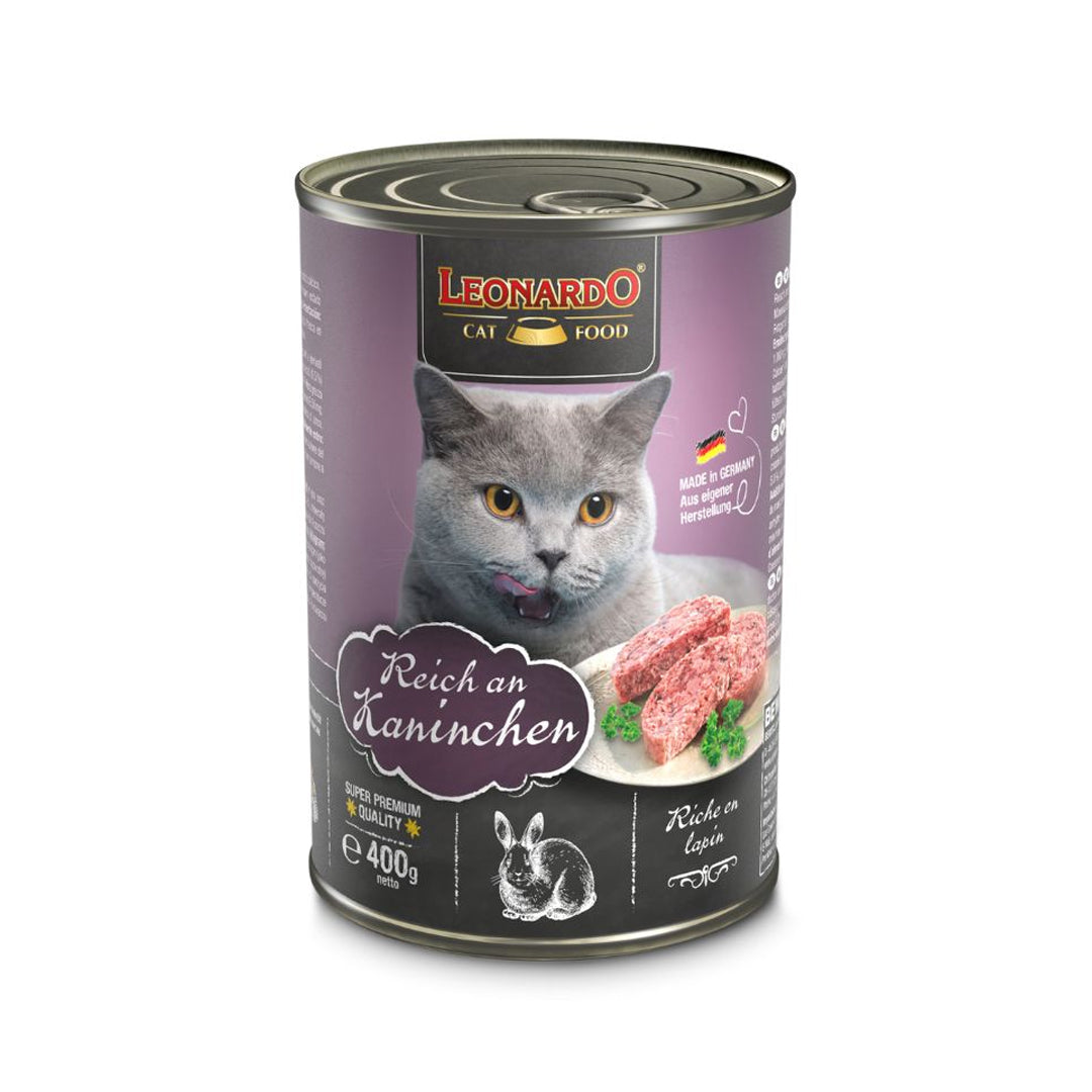 Alimento para gato adulto Leonardo Quality Selection sabor conejo, 400 g, en paquete con ingredientes naturales.