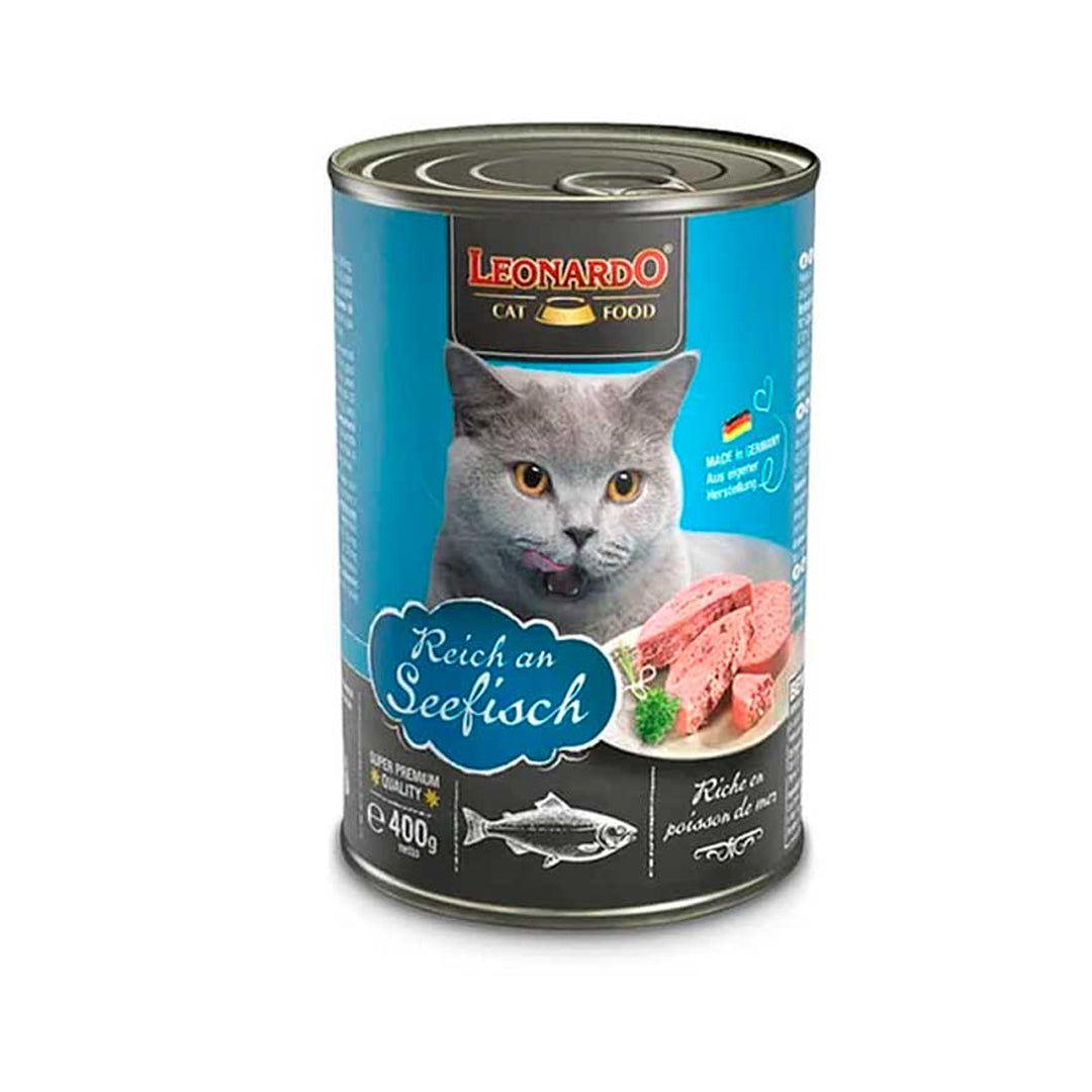 Alimento para gato adulto Leonardo Quality Selection sabor pescado, 400 g, en envase de comida para mascotas.