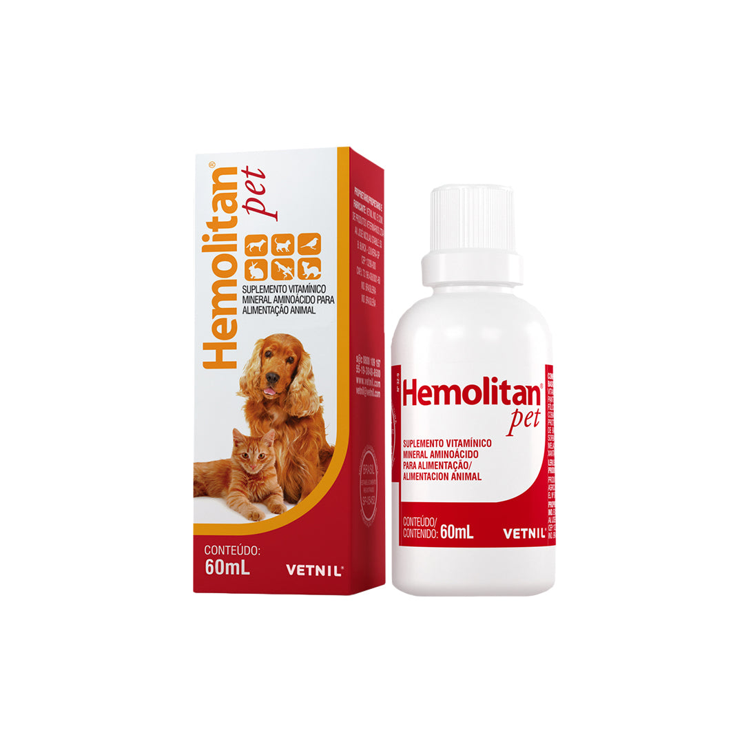 Suplemento Hemolitan Pet de 60ml para perros, gatos y aves, en envase con gotas, marca Ventas Pet, para salud animal.