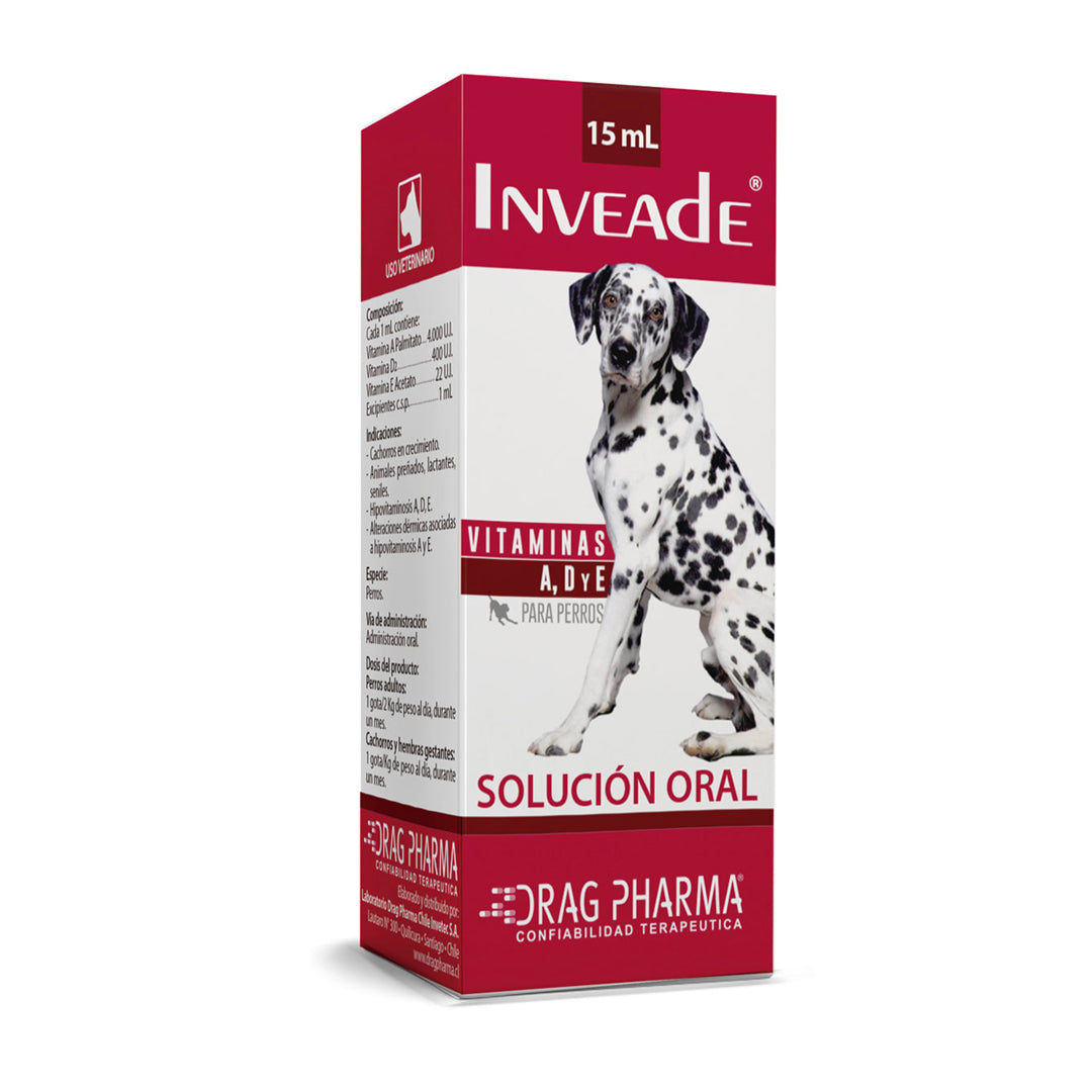 Suplemento Inveade en solución oral de 15 ml, medicamento de la marca ventas pet, botella con etiqueta y gotero.