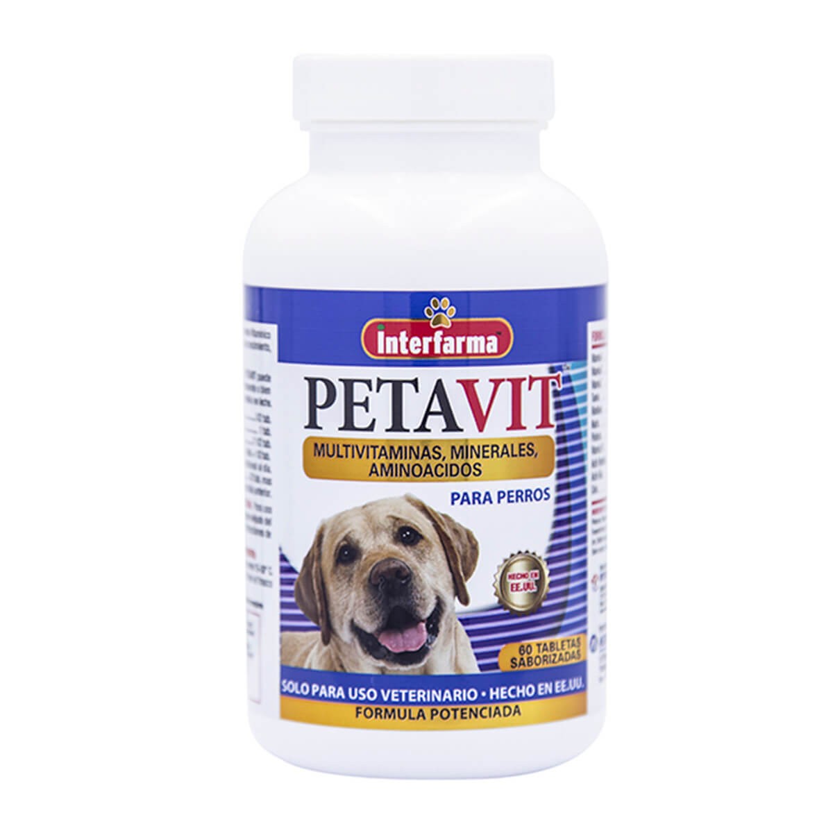 Suplemento de vitaminas Petavit para perros, frascos con 60 comprimidos, interfarma, para la salud y energía canina.