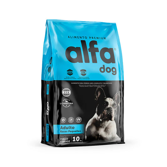 Alimentos para perros Alfa Dog Premium razas pequeñas, paquete de 10 kg, comida de alta calidad y snack para mascotas.
