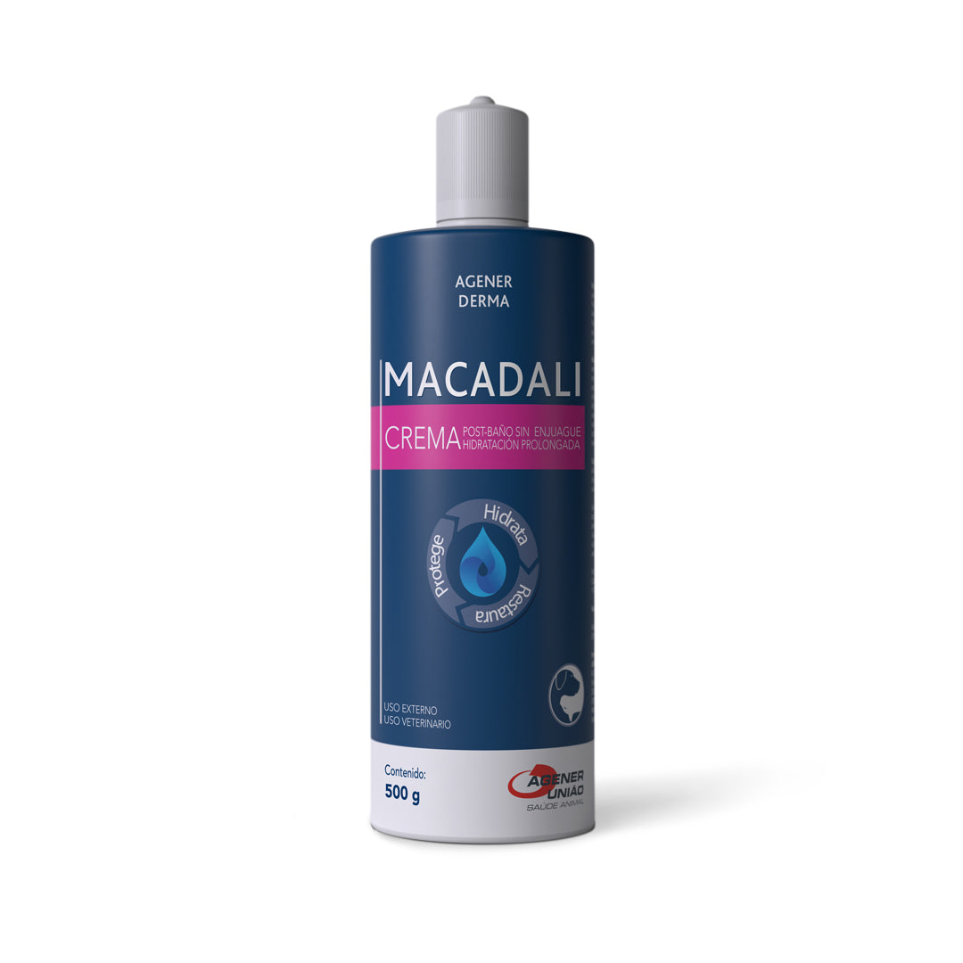 Crema hidratante para mascotas Macadali de 500g, producto de higiene y cuidado para el bienestar de las mascotas.