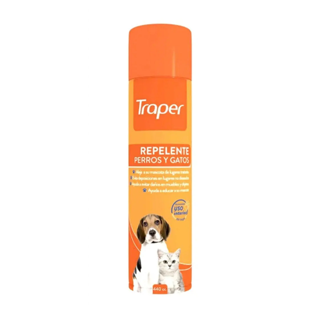 Spray repelente para perros y gatos de 440cc de ventas pet, modulador de conducta en botella con etiqueta visible.