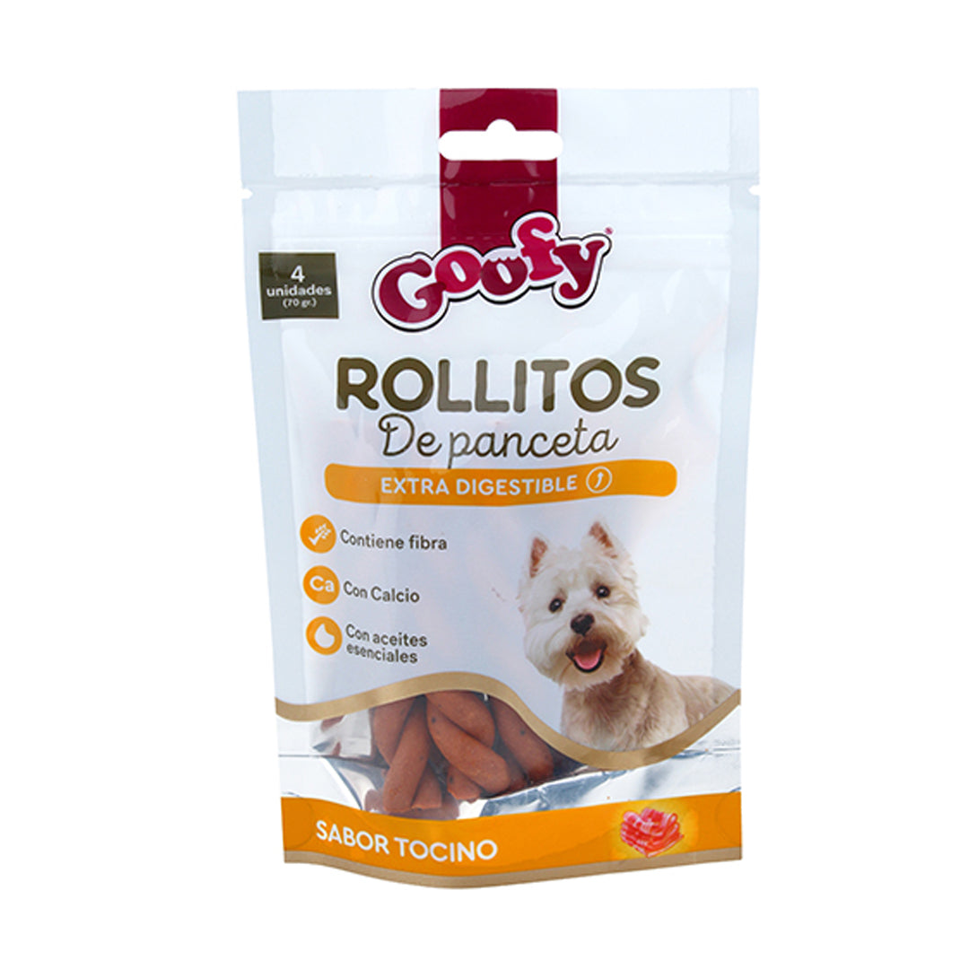 Rollitos de panceta Goofy de ventas pet, snacks de carne en forma de rollo en la imagen.