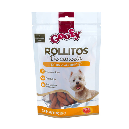 Rollitos de panceta Goofy de ventas pet, snacks de carne en forma de rollo en la imagen.