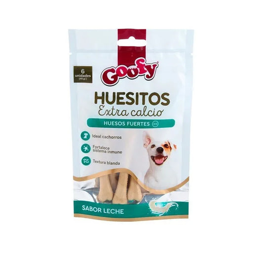 Huesitos de snack para perro Premio Goofy con extra calcio, paquete de 40g, alimento y snack para mascotas de ventas pet.