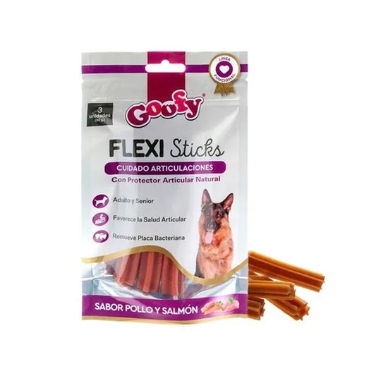 Snack Premio para perros Goofy Flexi Sticks articulaciones, alimento de 60gr de ventas pet, con huesos y textura masticable.