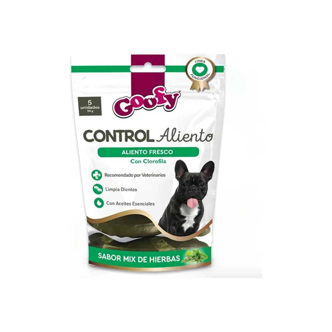 Snack premio para perros Goofy Control de aliento, envase de 90g, alimento y snack de la marca Ventas Pet.