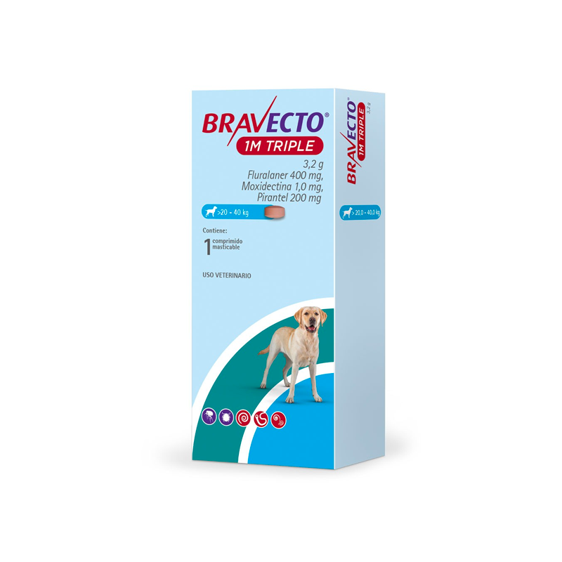 BRAVECTO 1M TRIPLE PERRO X 1 COMP – 20-40 KG 400mg