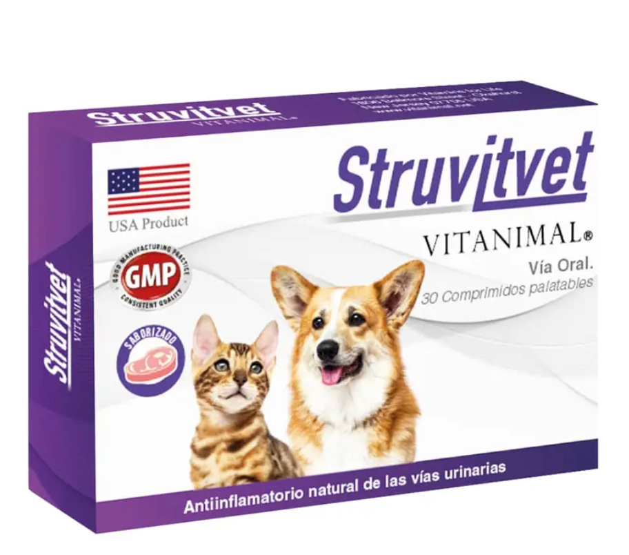 Suplemento natural para perros y gatos Struvitvet Vitanimal en 30 comprimidos, con ingredientes beneficiosos para la salud animal.