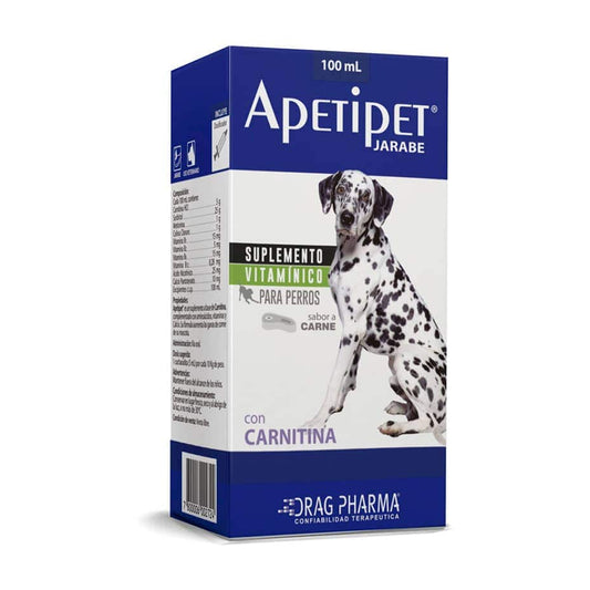 Suplemento vitamínico para perros Dragpharma Apetipet en botella de 100 ml, ideal para la salud de mascotas.