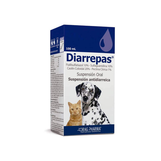 Suplemento Diarrepas para perros y gatos de 100 ml de color azul, en envase de la marca ventas pet.