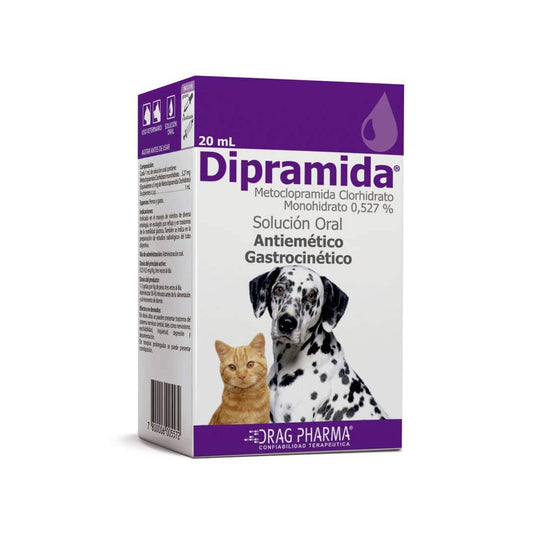 Supuesta solución oral Dipramida de la marca ventas pet en un frasco con etiqueta visible.