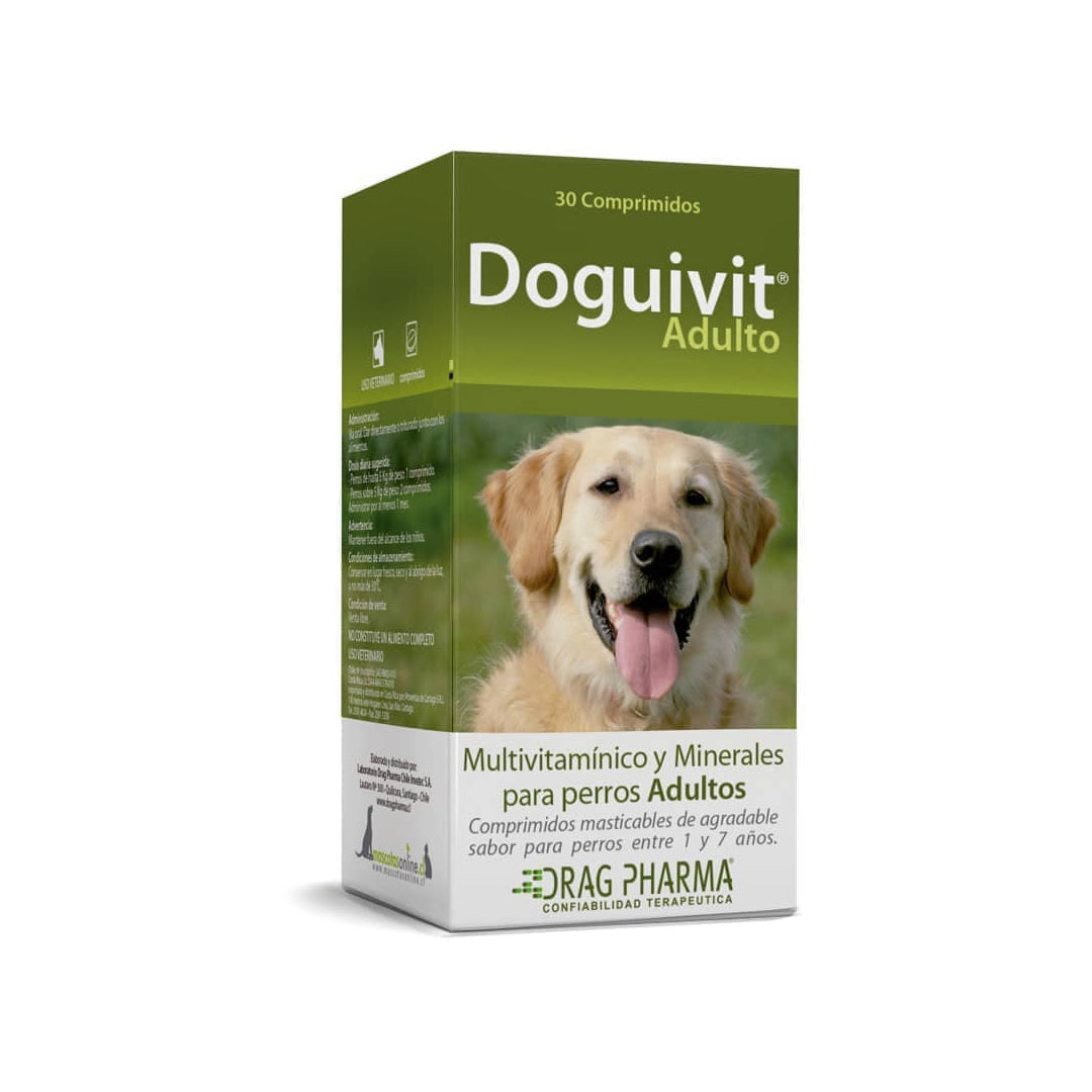Suplemento multivitamínico Doguivit Drag Pharma para perros, caja con 30 comprimidos de vitaminas y minerales para mascotas.