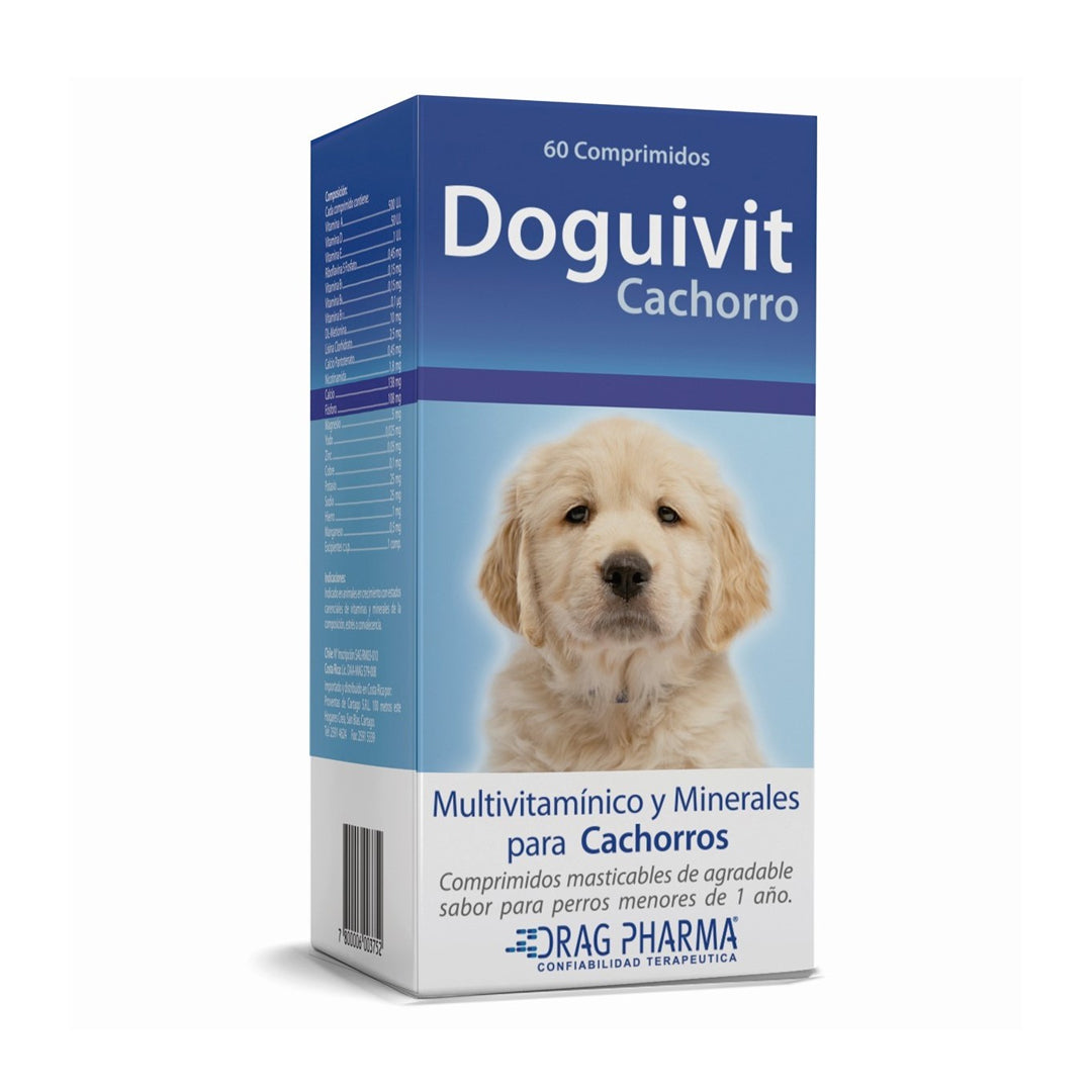 Suplemento multivitamínico para perros cachorro Doguivit de 60 comprimidos, vitaminas y minerales para la salud canina.