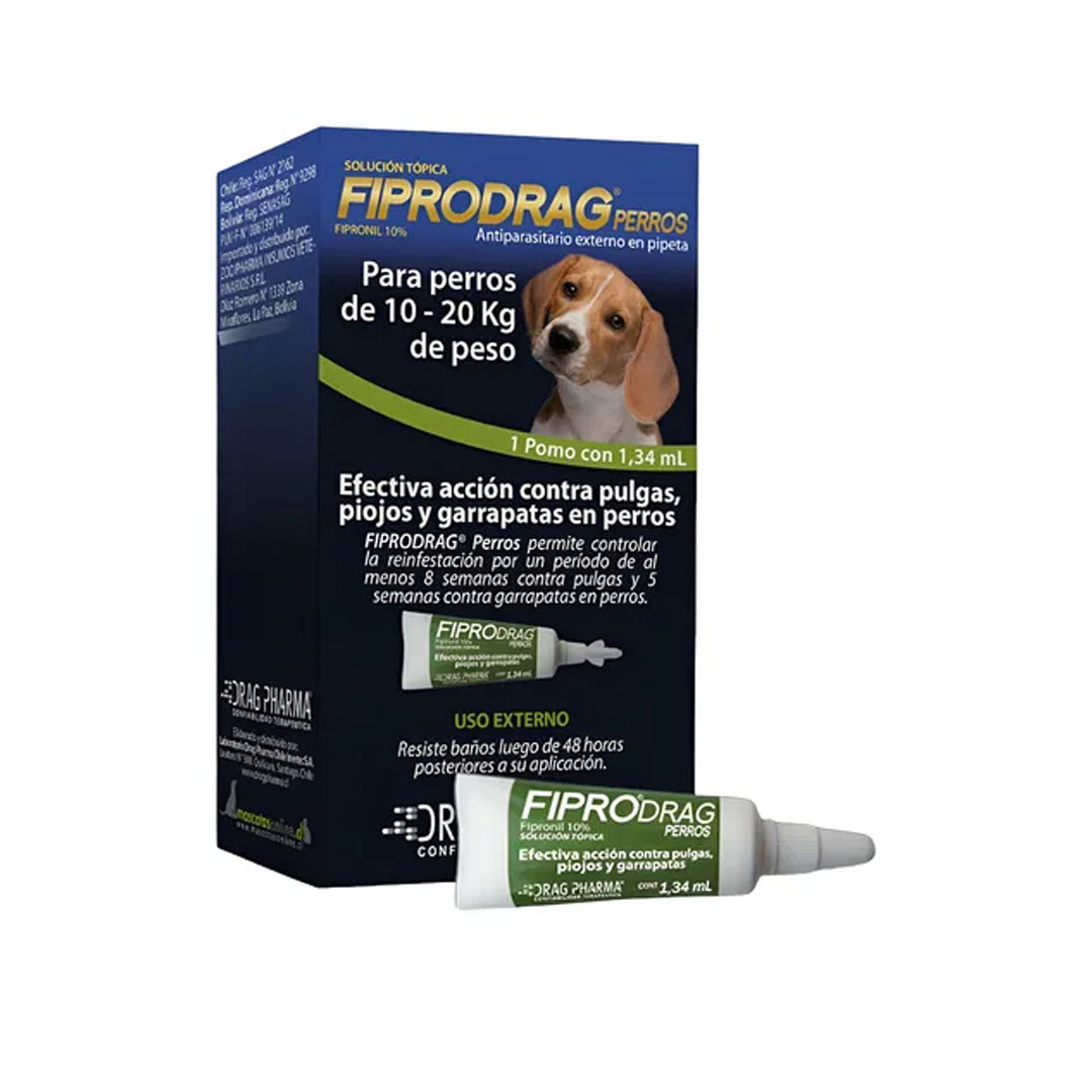 Pipeta antipulgas y garrapatas para perros de 10 a 20 kg, control de plagas, marca ventas pet, en su envase original.