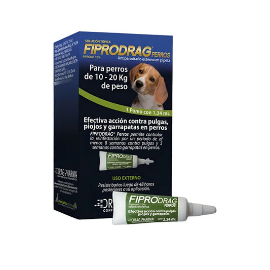 Pipeta antipulgas y garrapatas para perros de 10 a 20 kg, control de plagas, marca ventas pet, en su envase original.