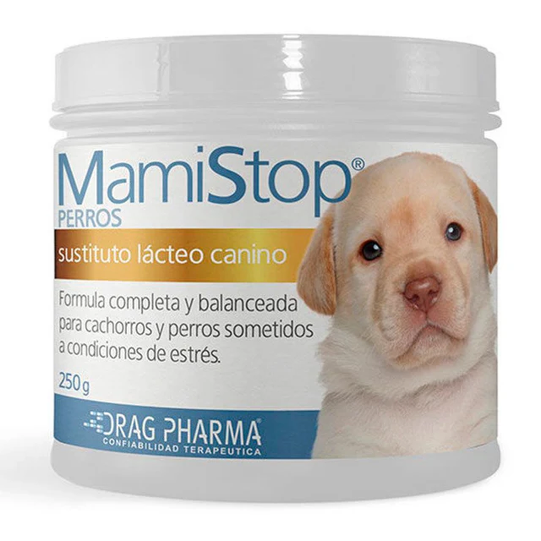 Leche para perros Mamistop, sustituto lácteo canino en envase de 250 g, con fórmula nutritiva para cachorros y perros adultos.