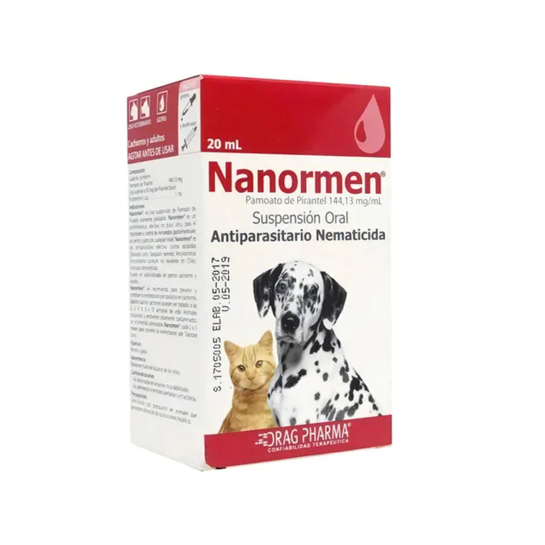 Medicamentos Nanormen 20ml para perros y gatos con Pirantel 5% de Drag Pharma, frasco de 20ml para desparasitantes.