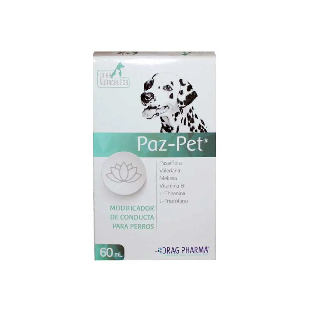 Suspensión oral para mascotas Paz Pet en frasco de 60 ml, producto de higiene y cuidado para animales.
