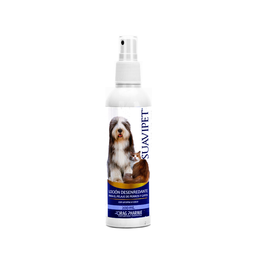 Desenredante Suavipet Coco para perros y gatos, acondicionador de higiene y cuidado con fórmula natural, en botella blanca.