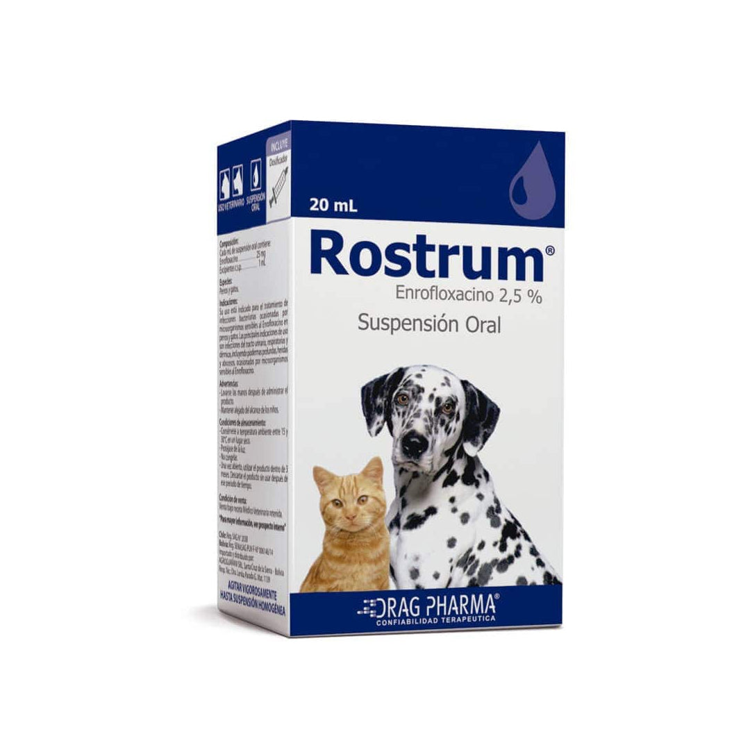 Rostrum Suspension azul de 20 ml de ventas pet, medicamento en botella con tapa azul para animales.