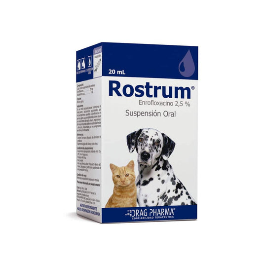 Rostrum Suspension azul de 20 ml de ventas pet, medicamento en botella con tapa azul para animales.