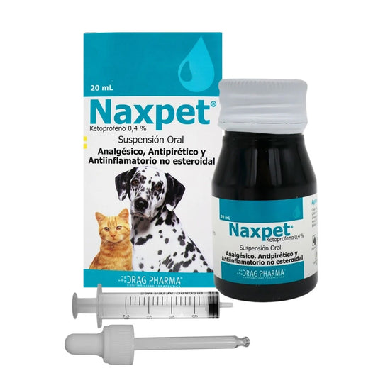 Medicamento Drag Pharma Naxpet de 20 ml para perros y gatos, envase con frasco y etiqueta visible.