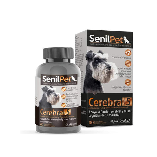 Suplemento cerebrales Dragpharma Senilpet para perros pequeños, producto de ventas pet, con ingredientes para la salud cerebral canina