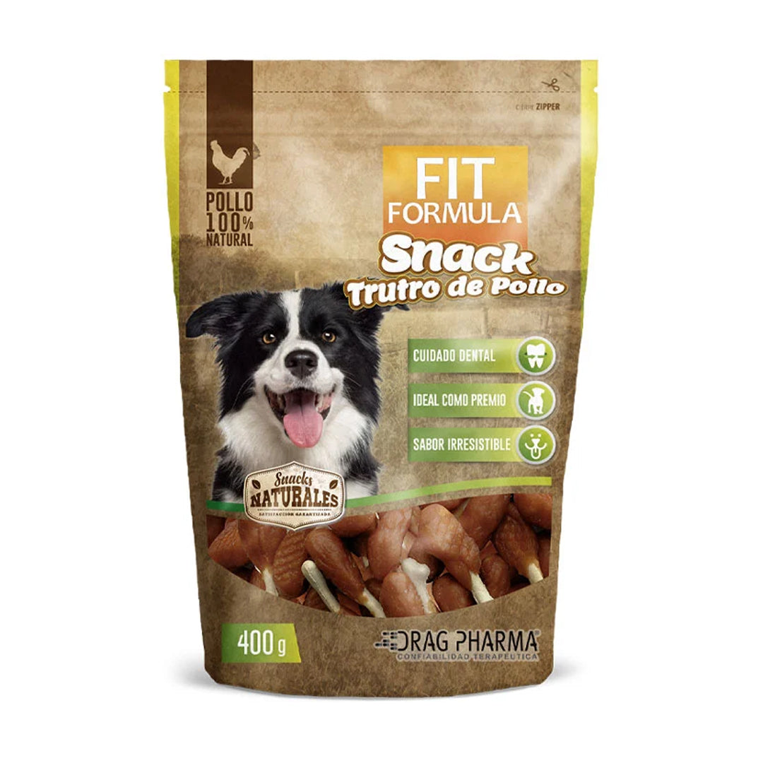 Snack de pollo Fit Formula de ventas pet en paquete de 400g, alimento crujiente para perros con sabor a pollo.