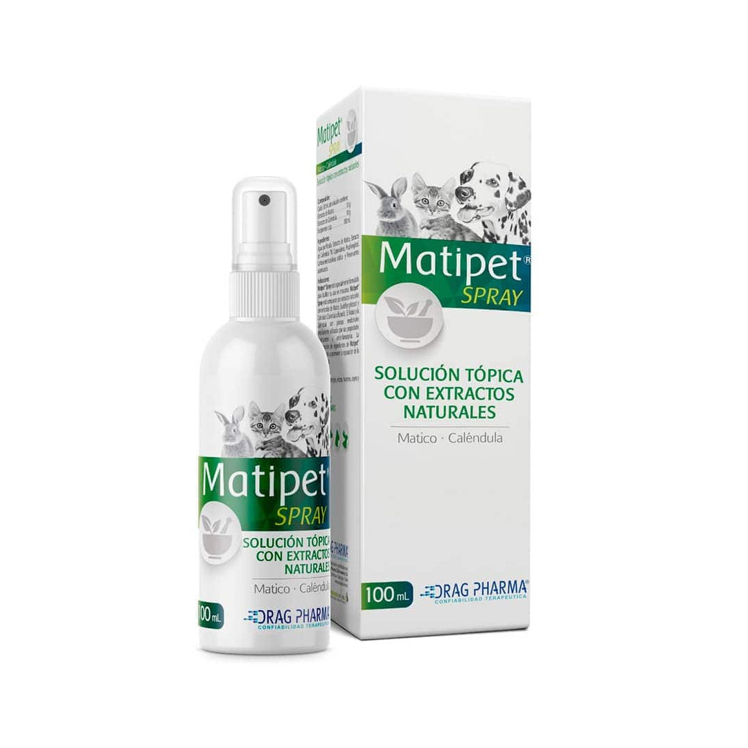 Spray de matico y caléndula de Matipet para cicatrización, frasco de 100 ml, medicamento de ventas pet.