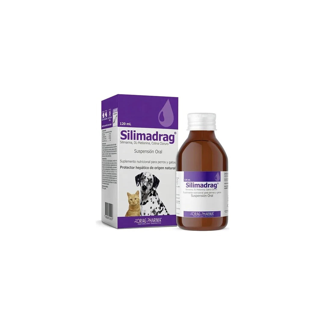 Suplemento nutricional para perros y gatos Silimadrag de ventas pet en envase de 120 ml, ayuda a la salud animal.