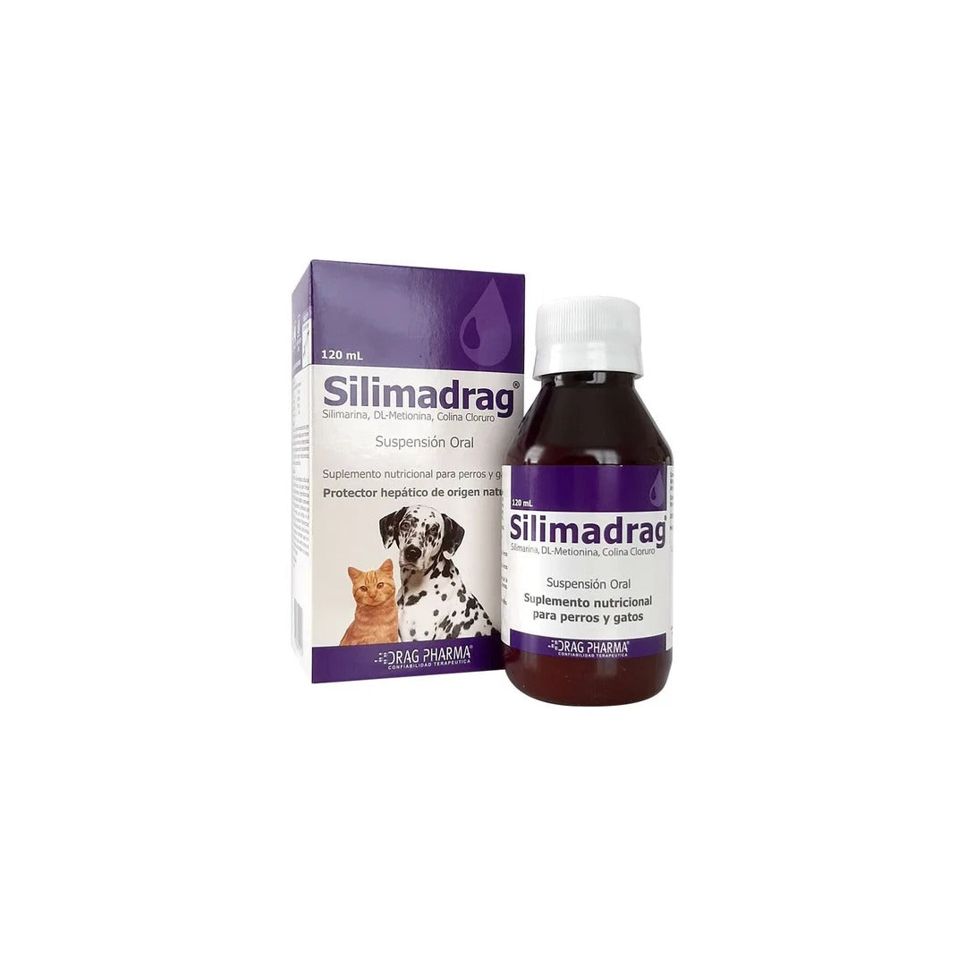 Suplemento nutricional Silimadrag para perros y gatos en frasco de 120 ml, con ingredientes beneficiosos para mascotas.