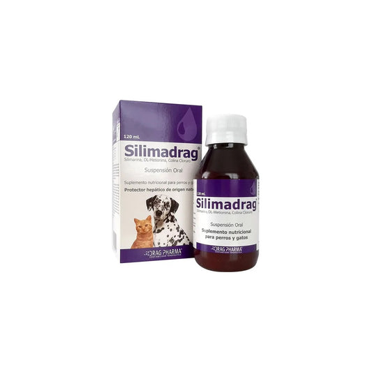 Suplemento nutricional Silimadrag para perros y gatos en frasco de 120 ml, con ingredientes beneficiosos para mascotas.