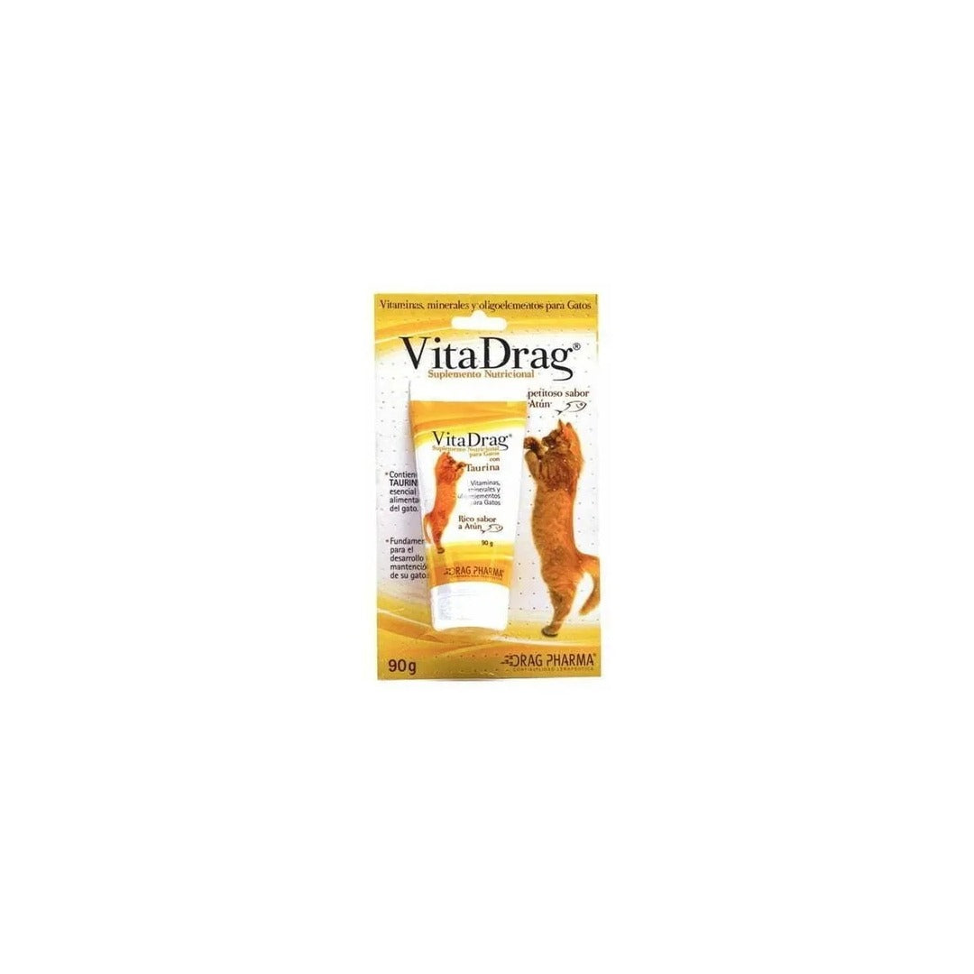 Suplemento nutricional para gatos Vitadrag de ventas pet, envase de 90 gramos, con vitaminas y ingredientes naturales.
